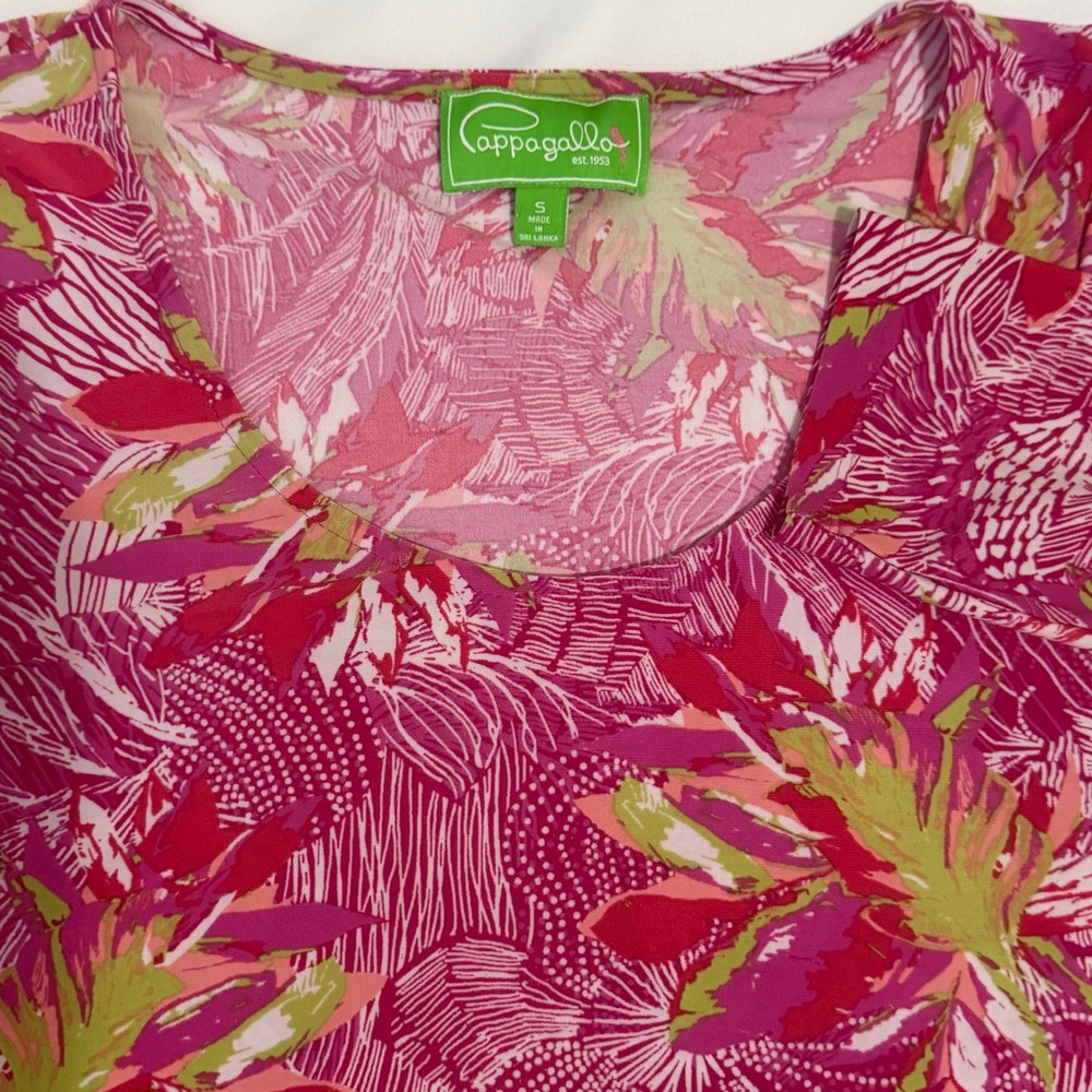 Pappagallo Pink Tropical Floral Scoop Neck 3/4 Sleeve Shift Dress Womens Small